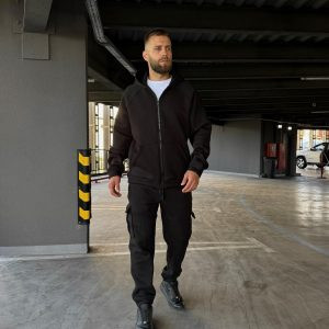 Зимовий чоловічий спортивний костюм Jack чорного кольору з капюшоном і начосом, виготовлений з турецької тринитки, ідеальний для холодної погоди