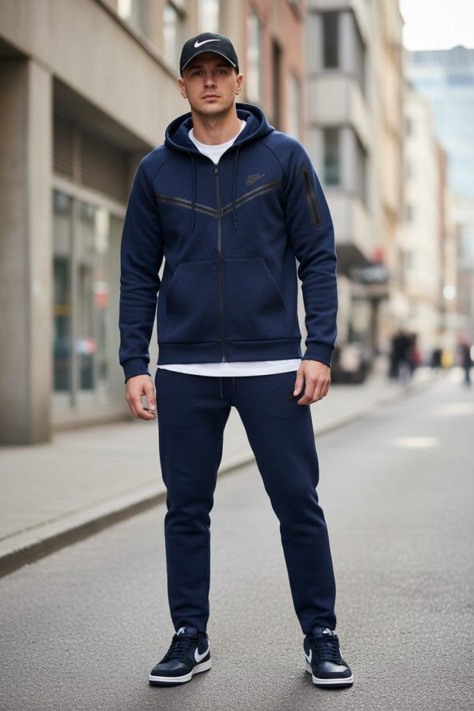 Чоловічий спортивний костюм Nike Dri-FIT сірого кольору, що складається зі штанів та кофти на блискавці, на моделі під час активного відпочинку на вулиці.