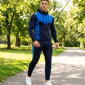 Чоловічий спортивний костюм Nike Color Block синього та чорного кольорів, з білим логотипом Nike на грудях та штанах. Костюм виготовлений з якісних матеріалів, демонструє стильний повсякденний образ.