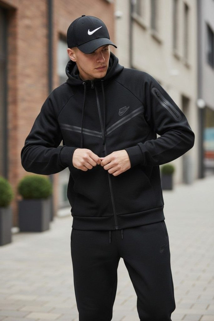 Чоловічий універсальний спортивний костюм Dri-FIT чорного кольору, що ідеально підходить для тренувань та повсякденного носіння влітку, навесні та восени. Костюм демонструє сучасний крій та технологічну тканину, що відводить вологу.