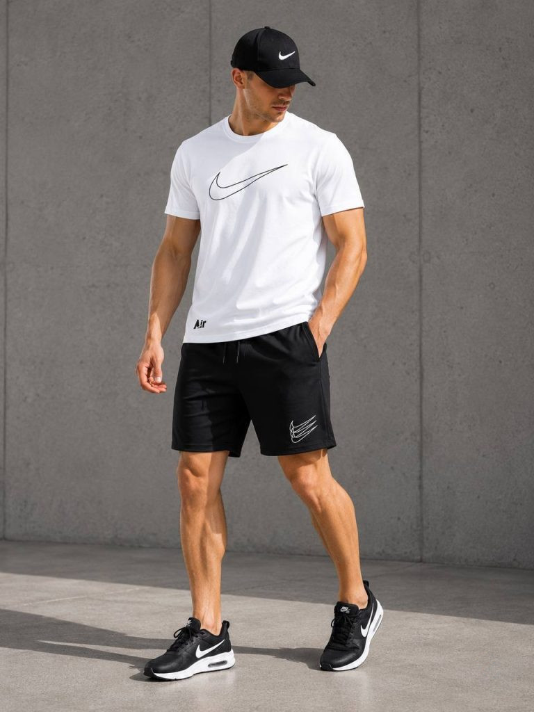 Зображення: Чоловічий літній спортивний комплект Nike, що складається з темно-сірої футболки з логотипом та чорних шортів, виконаних з дихаючого куліру та двонитки для комфорту в спеку.