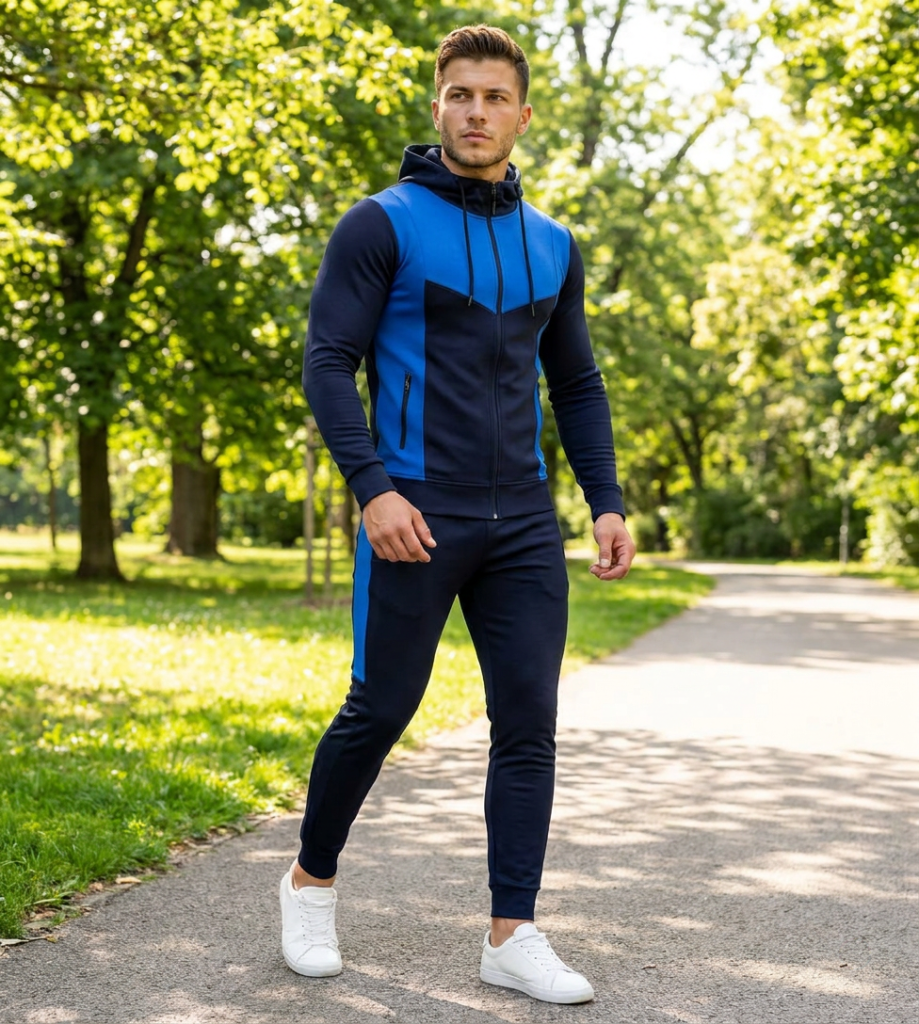 Чоловічий спортивний костюм Nike Color Block синього та чорного кольорів, з білим логотипом Nike на грудях та штанах. Костюм виготовлений з якісних матеріалів, демонструє стильний повсякденний образ.